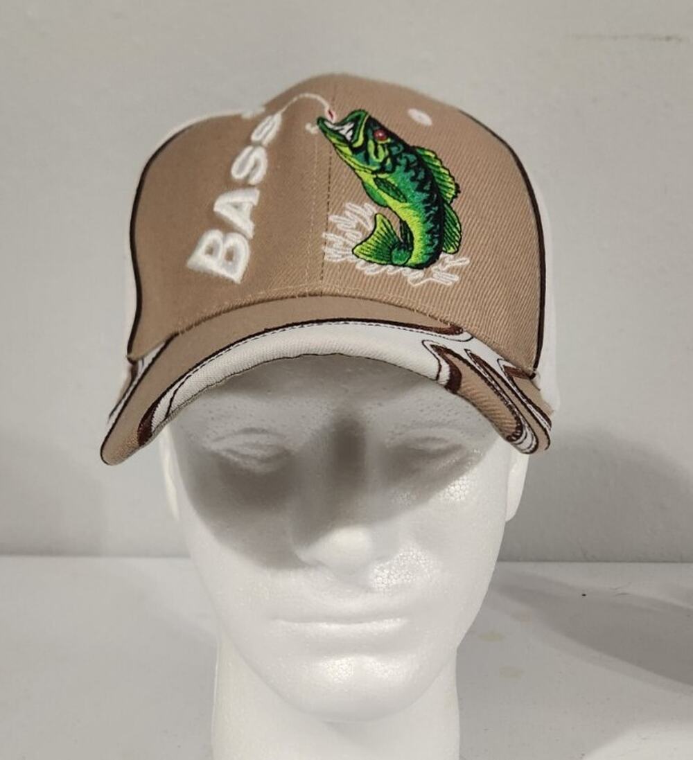 Embroidered Bass Fishing Hat Lure Fish Baseball Cap Strapback Brown White